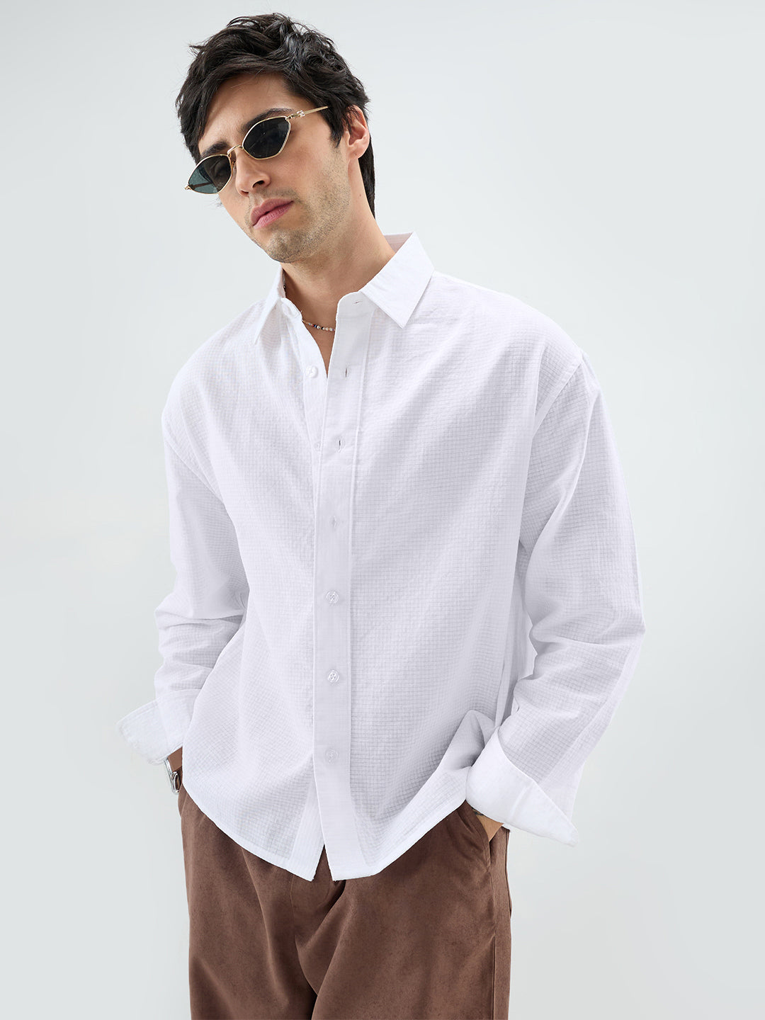 Cloud White Sheer Fine Weave Boxy Fit Crop Shirt