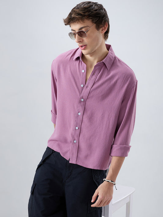 Dust Rose Blush Fine Grid Textured Boxy Fit Crop Shirt