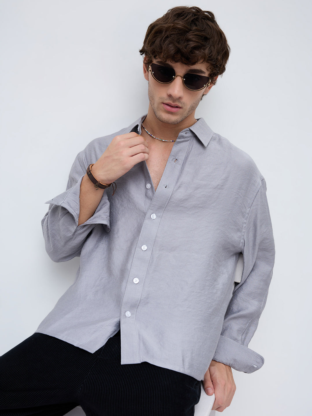 Ash Grey Crinkled Boxy Fit Crop Shirt