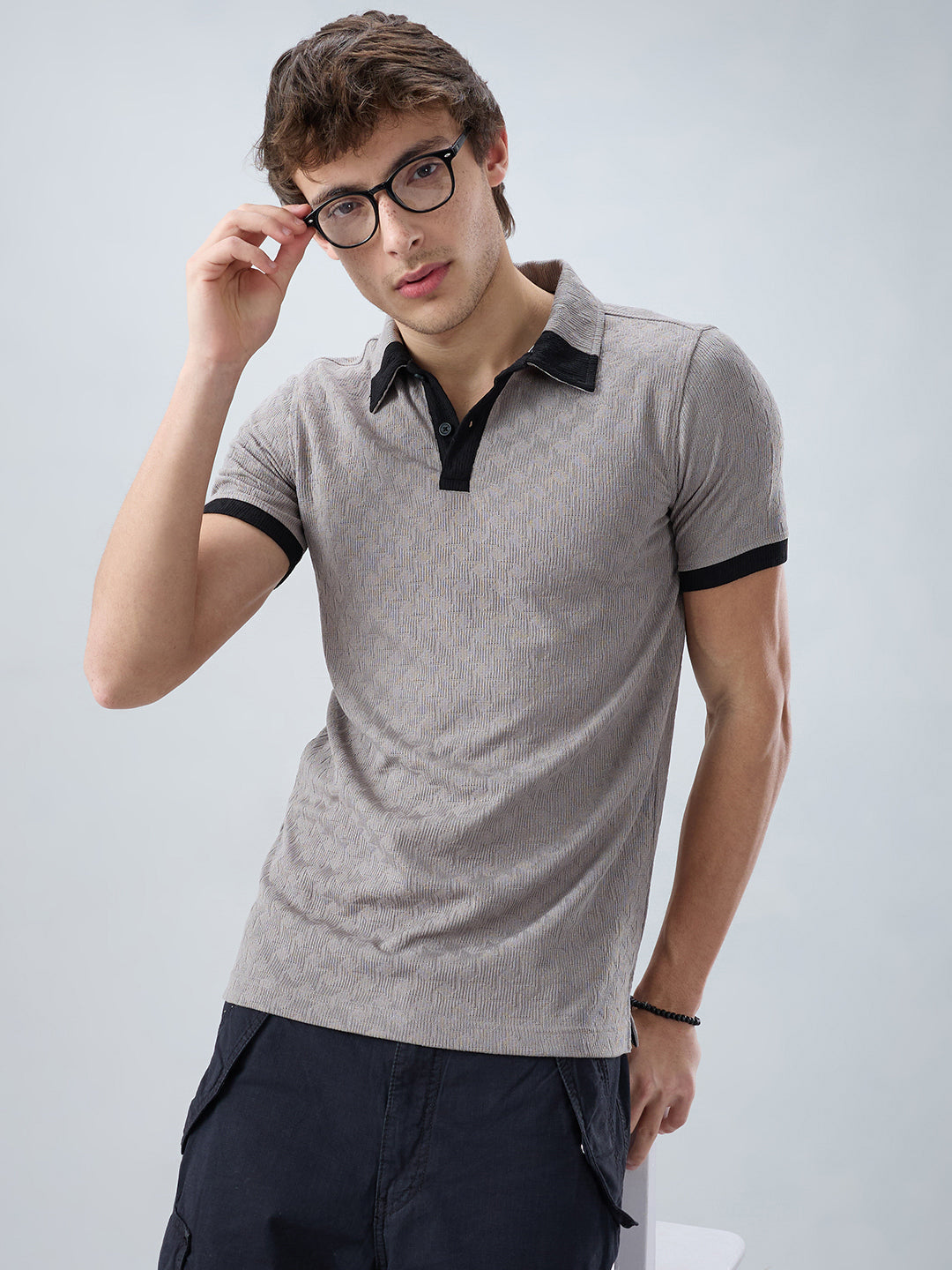 Shadow Grey Textured Contrast Polo Neck Knit T-shirt