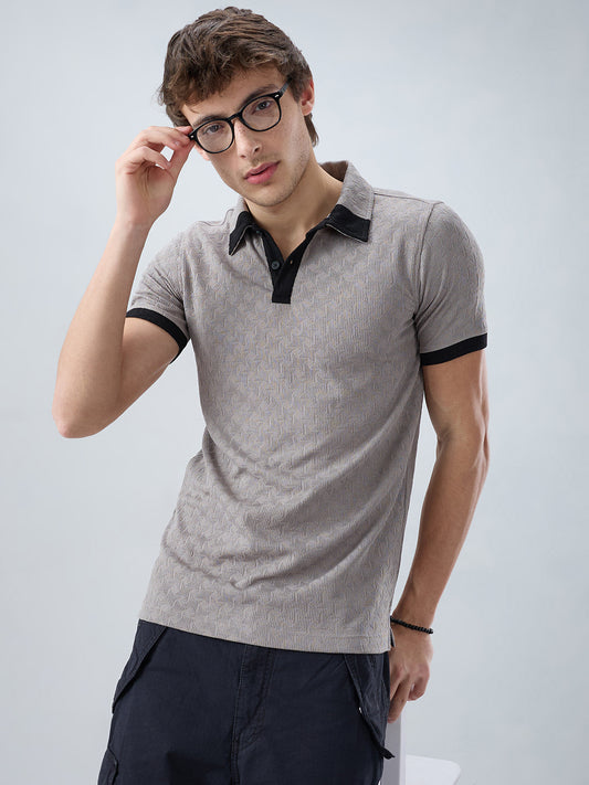 Shadow Grey Textured Contrast Polo Neck Knit T-shirt