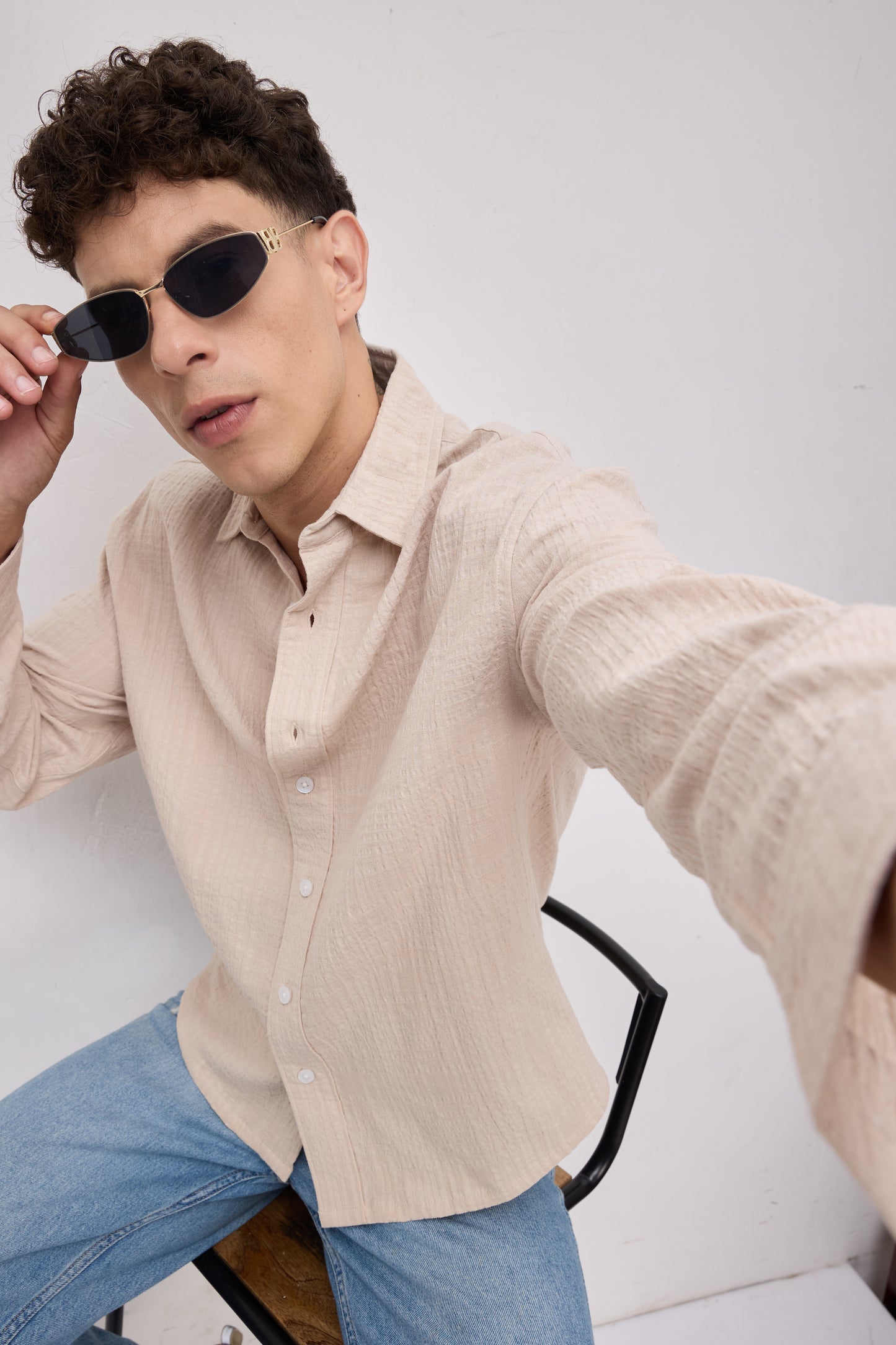Beige Double Cloth Gauze Textured Boxy Fit Crop Shirt