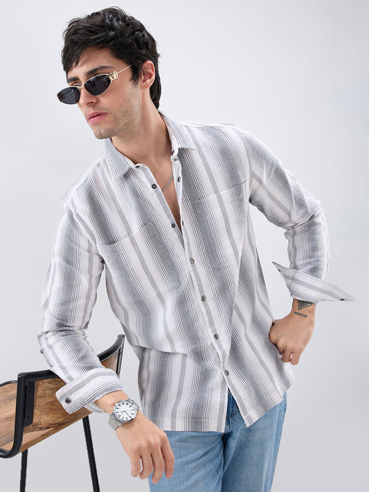 Contrast Echo Grey Stripscape Double Pocket Overshirt