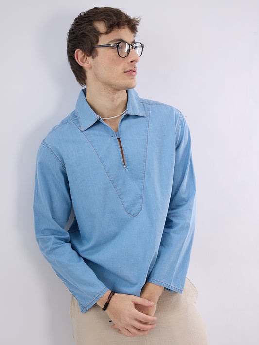 Blue Breeze Soft-Denim Cuffless Oversized Shirt