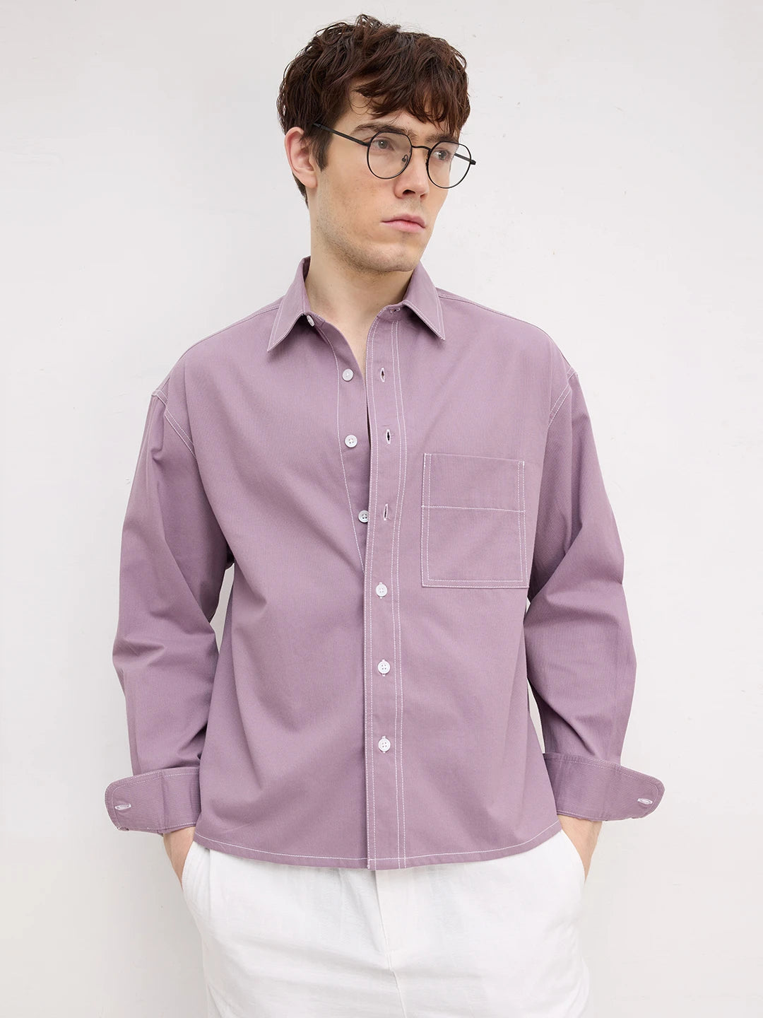 Rich French Lavender Contrast Stitch Boxy Fit Crop Cord Shirt