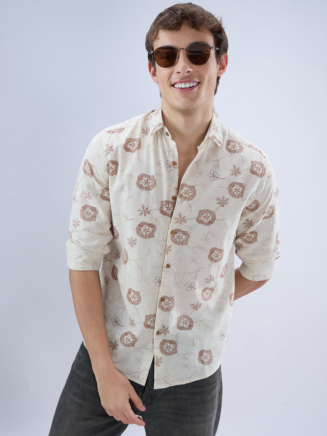 Intricate Soft Beige & Brown Botanical Bloom Linen Blend Shirt