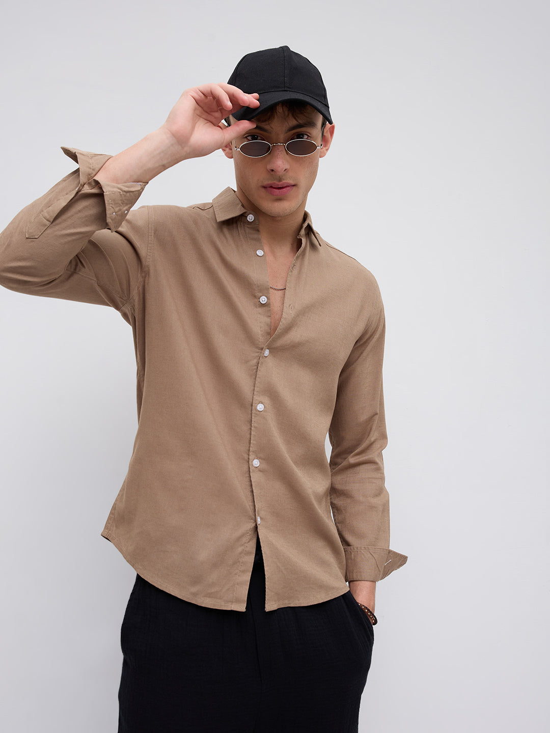 Elegant Pastel Brown Linen Blend Shirt