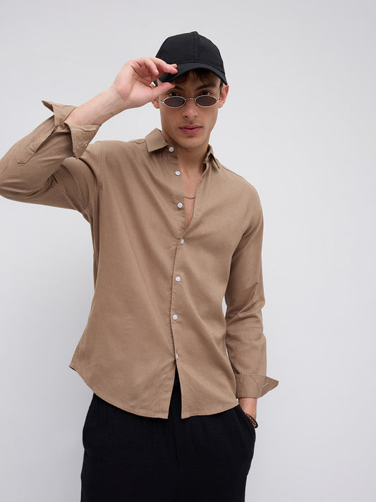 Elegant Pastel Brown Linen Blend Shirt