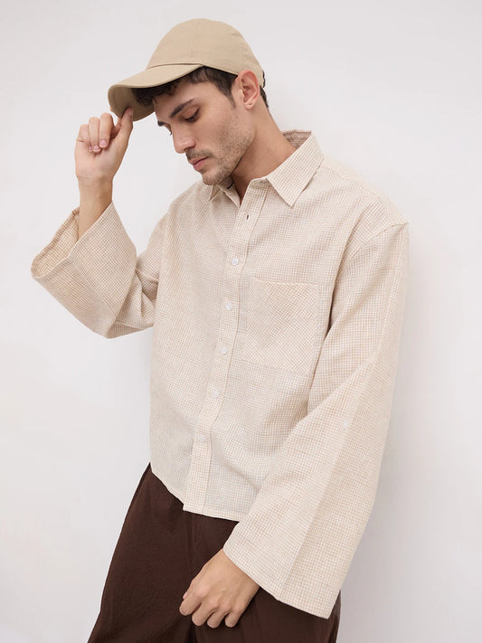 French Beige Openweave Micro Checks Cuffless Oversized Crop Shirt