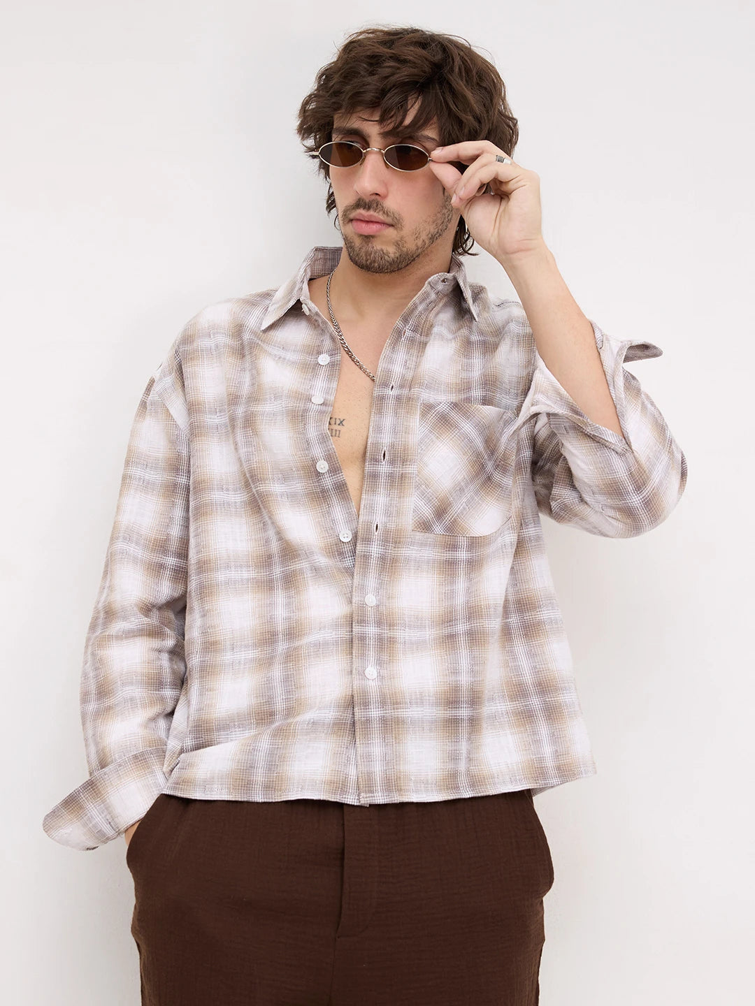 Luxe Dessert Beige Interwoven Windowpane Checks Boxy Fit Crop Shirt