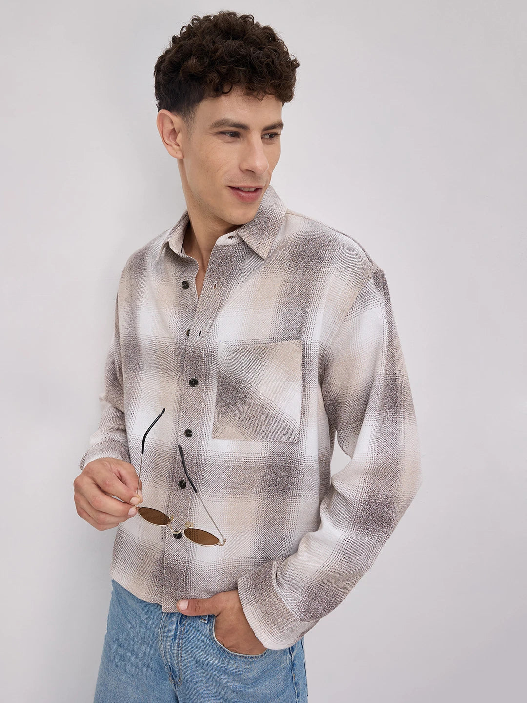 Beige Plaid Checks Boxy Fit Crop Shirt
