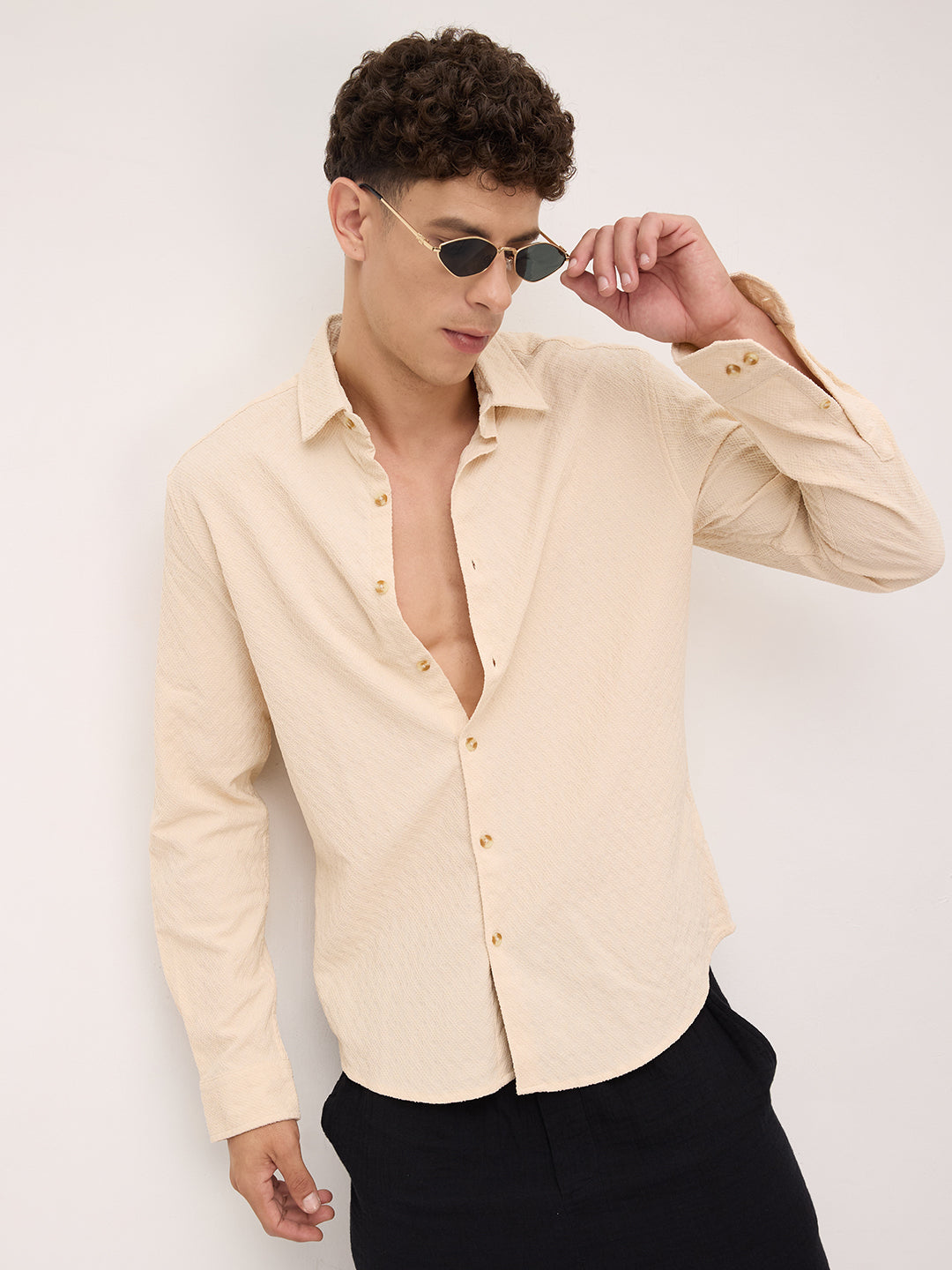 Oyster Cream Geometric Textured Shirt