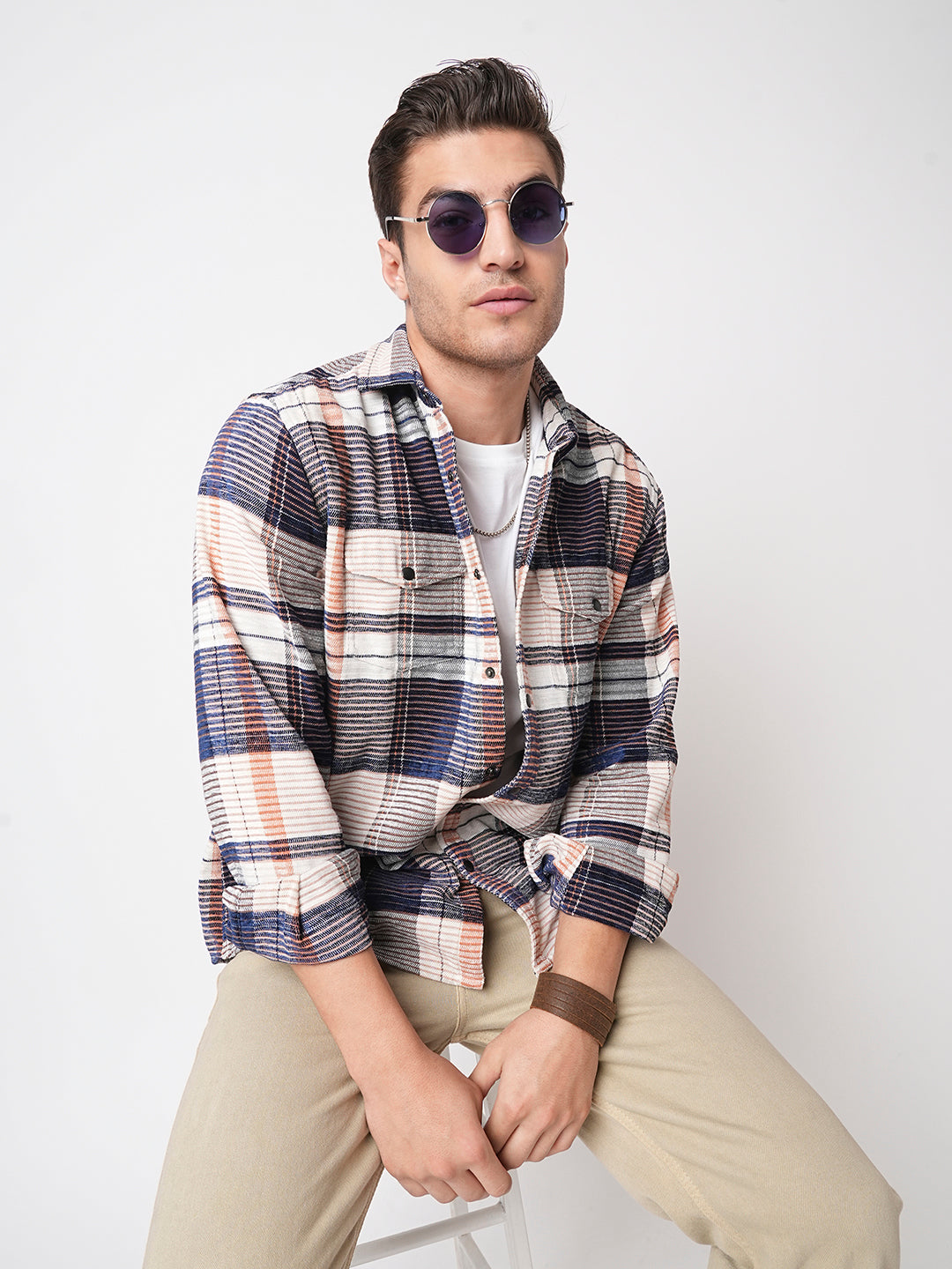 Navy Horizontal Stripes Double Flap Pocket Corduroy Shirt