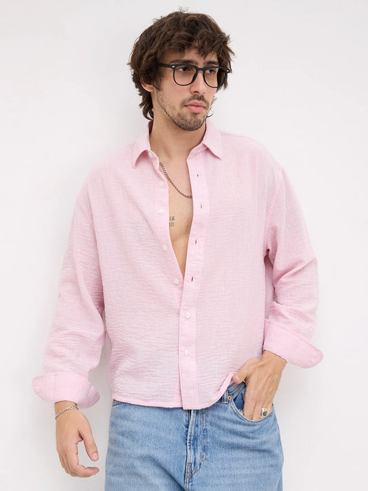 Lustrous Blush Pink Textured Boxy Fit Crop Shirt