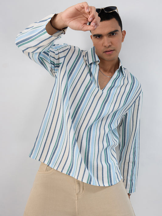 Coastal Blue Striped Oversized Polo Shirt