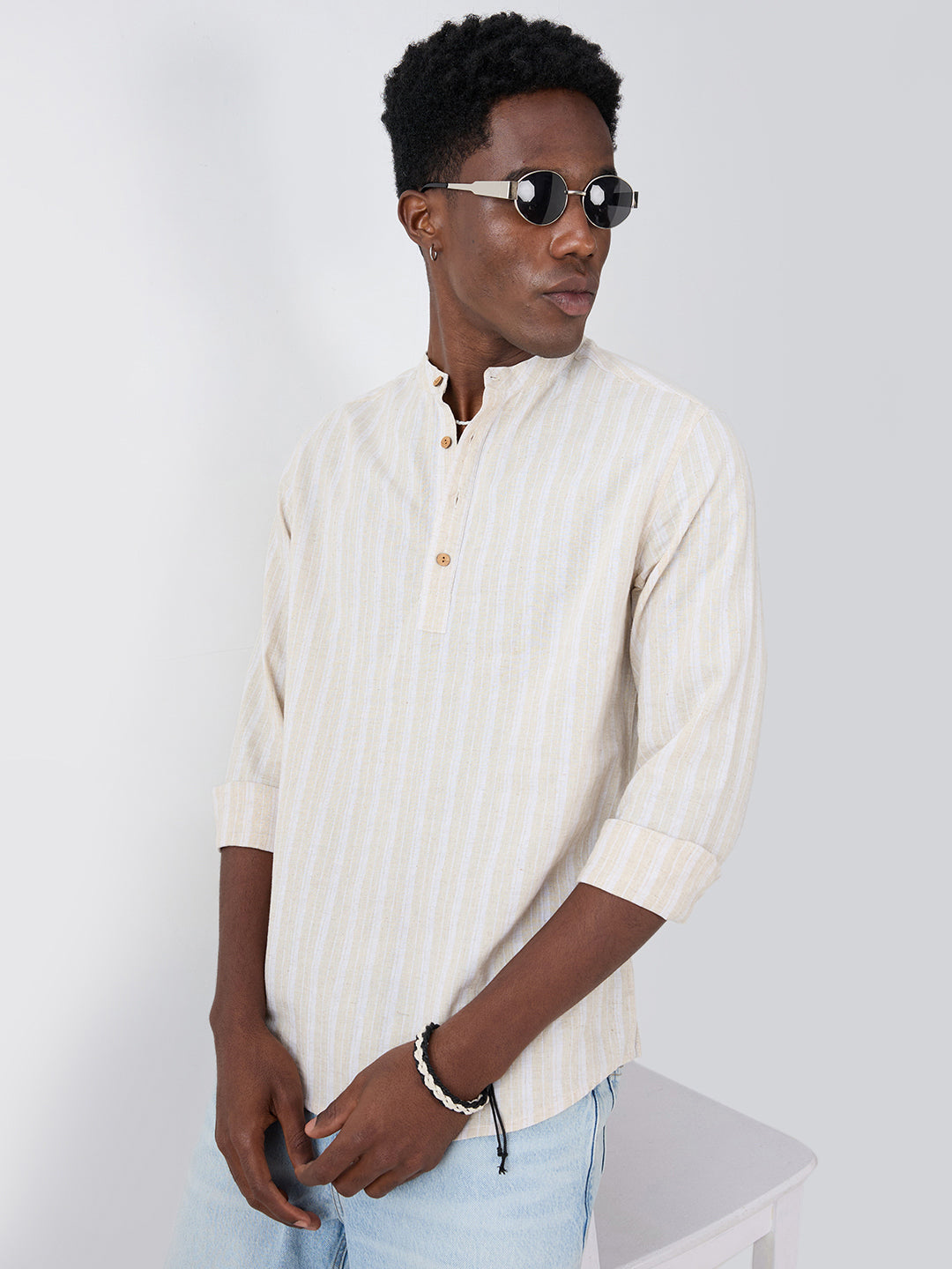 Natural Beige Fiber Grain Striped Weave Linen Blend Kurta