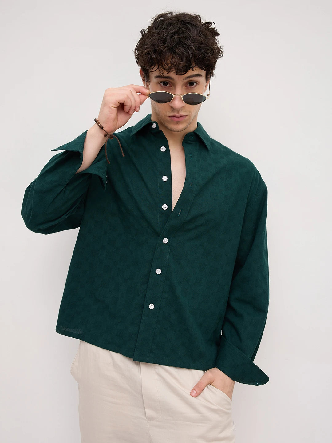 Emerald Green Square Weave Boxy Fit Crop Shirt