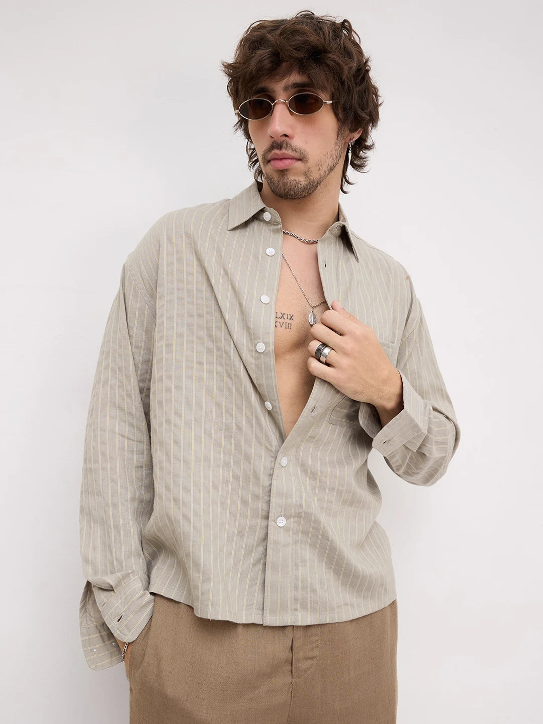 Natural Taupe Pinstripe Boxy Fit Crop Shirt