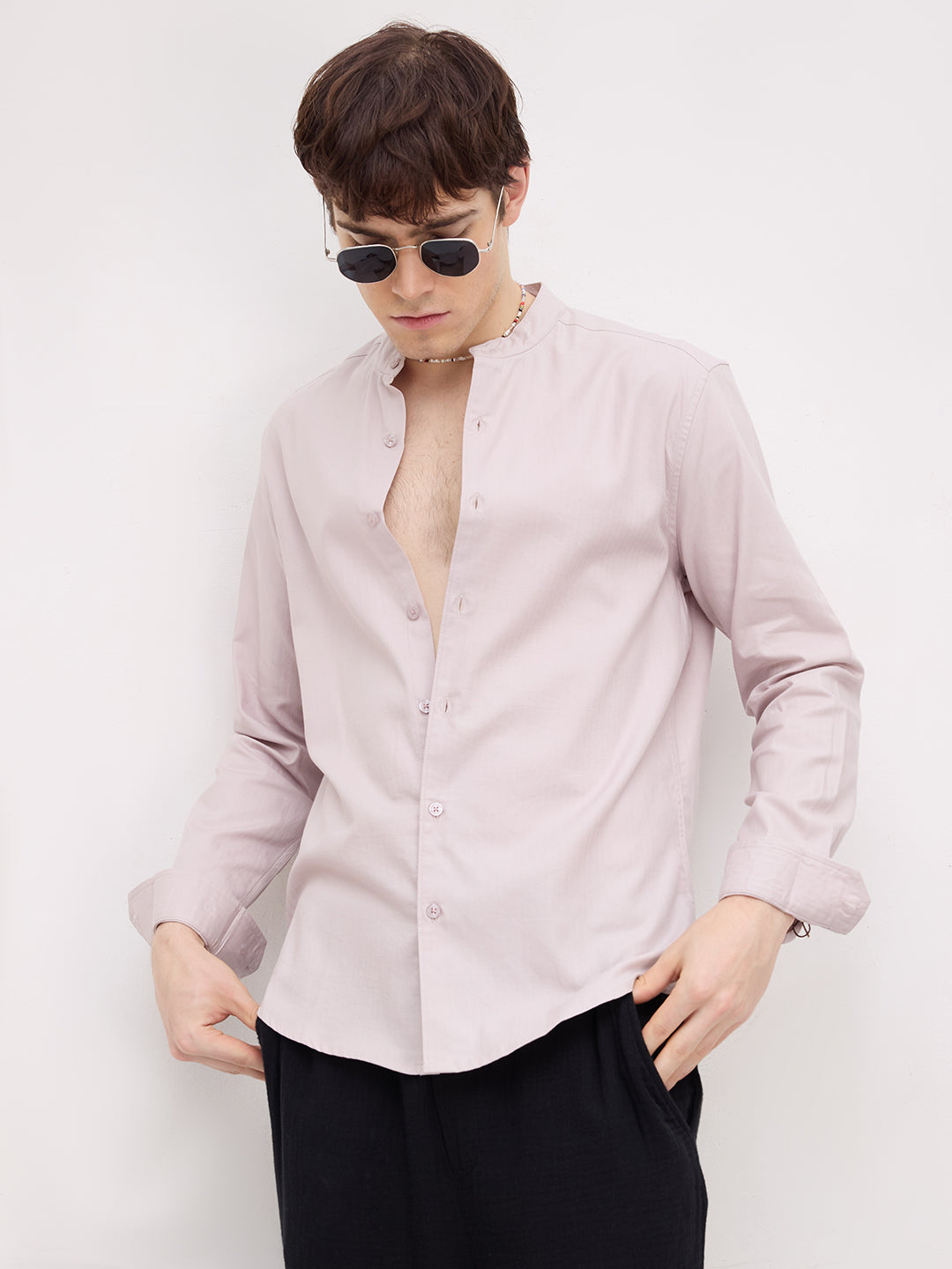 Cosmic Latte Beige Herringbone Textured Mandarin Shirt