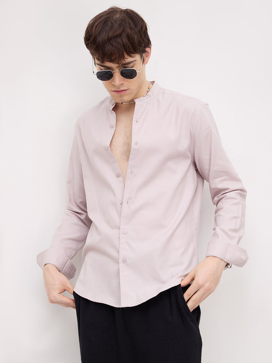 Cosmic Latte Beige Herringbone Textured Mandarin Shirt