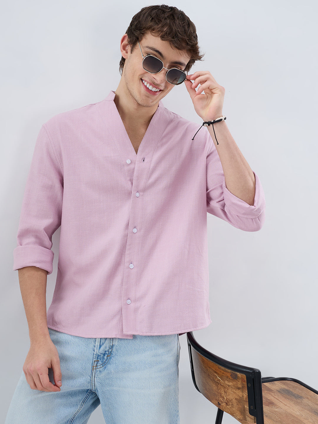Powder Blush Pink Minimal Twill Textured Stand Collar Oversized Shirt