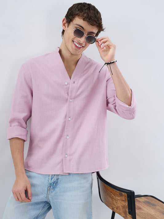 Powder Blush Pink Minimal Twill Textured Stand Collar Oversized Shirt