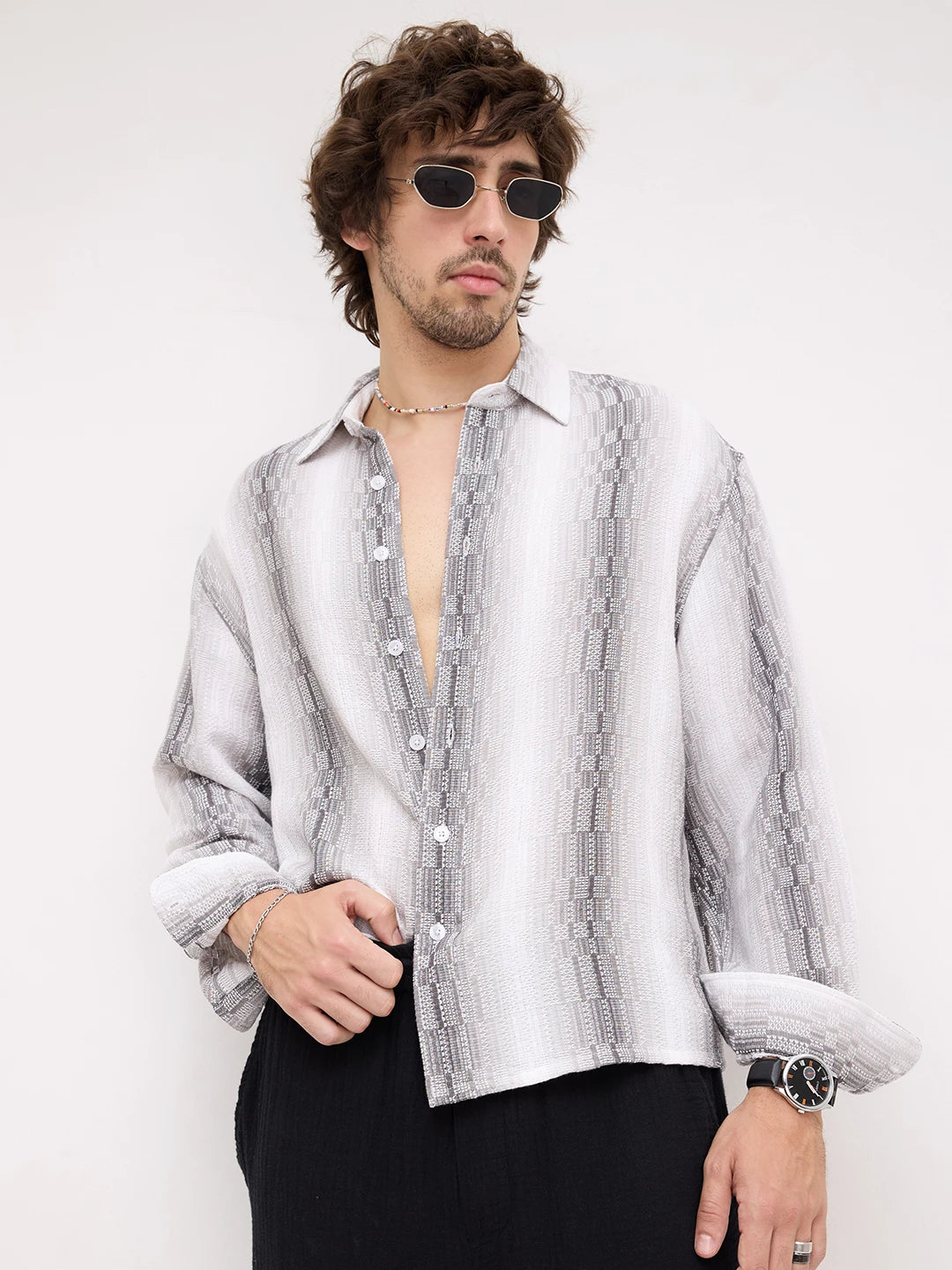 Monochrome Shadow Interlock Loom Striped Boxy Fit Crop Shirt