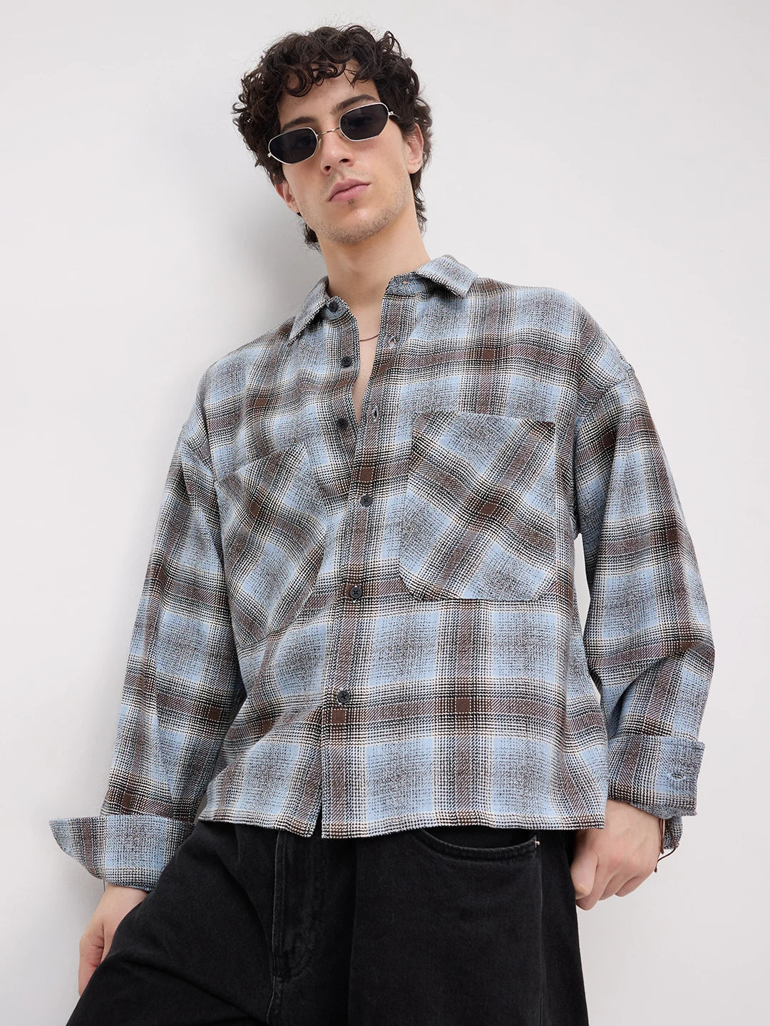 Sky Blue & Brown Flannel Plaid Checks Twin Pocket Crop Shirt