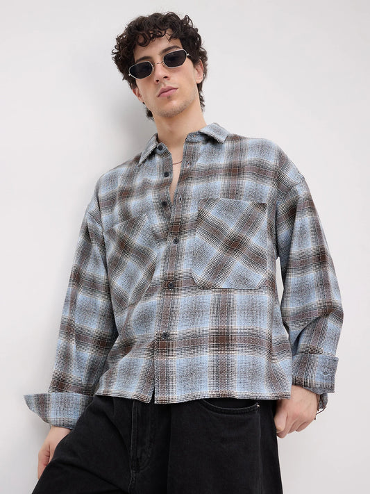 Sky Blue & Brown Flannel Plaid Checks Twin Pocket Crop Shirt
