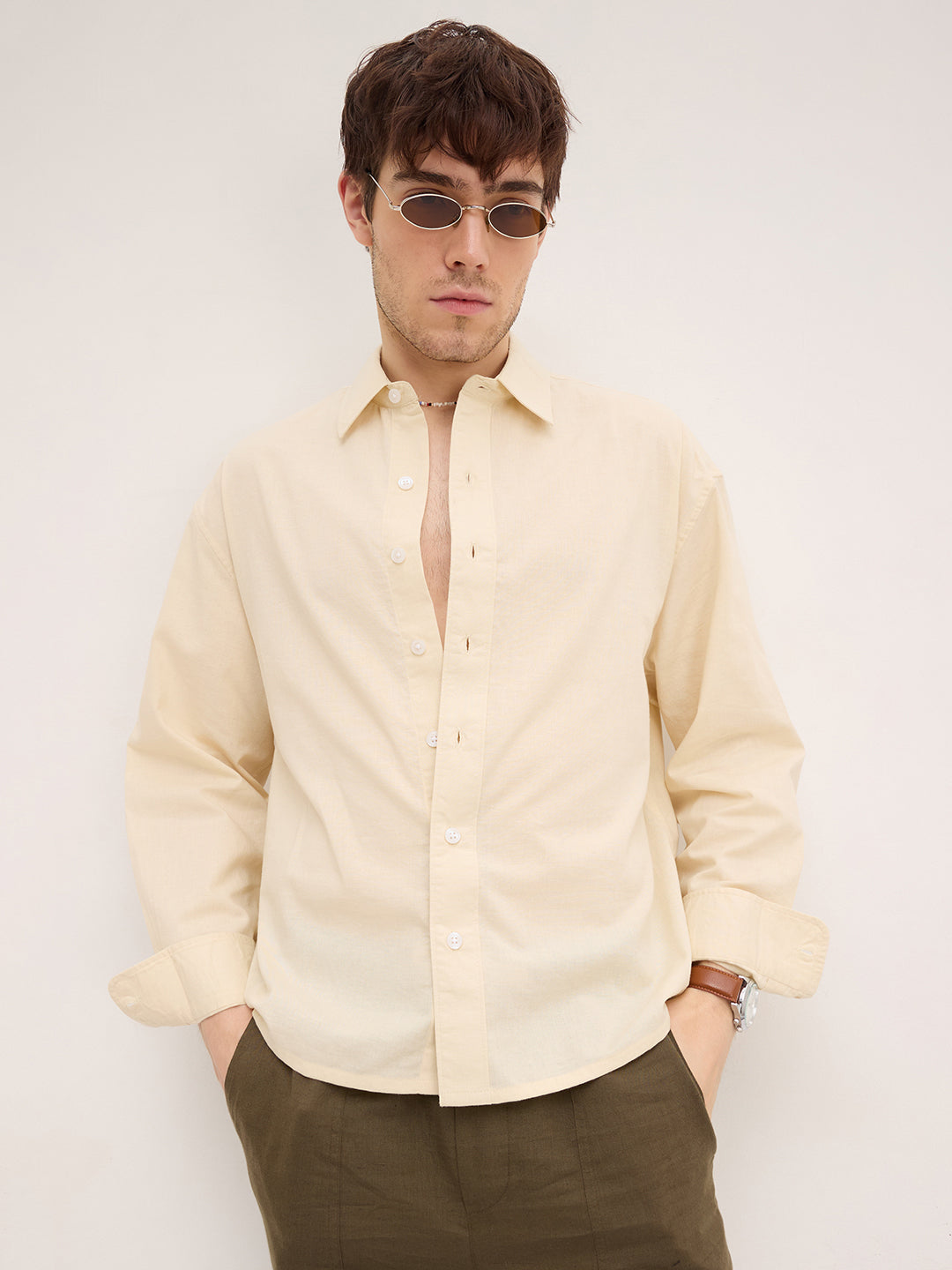 Bisque Beige Lyocell Boxy Fit Crop Shirt