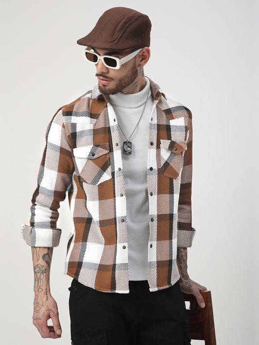 Brown & White Heavy Twill Jacquard Double Pocket Shirt