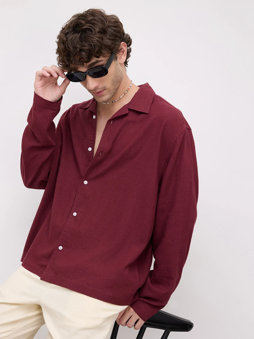 Maroon Fine Textured Linen Blend Notch Collar Oversized Shirt