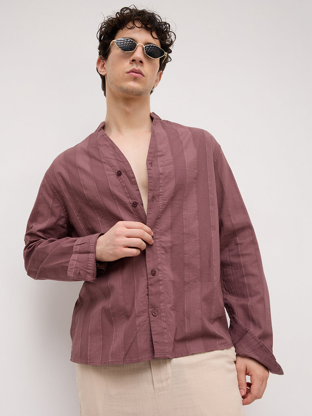 Deep Mauve Panel Textured Stand Collar Oversized Shirt