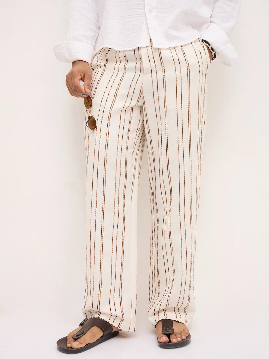 Artistic Off-White Crochet Striped Straight Fit Trousers