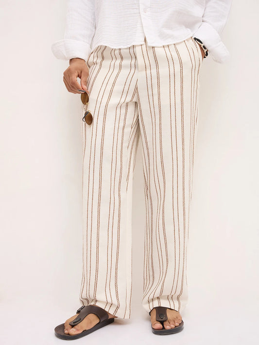 Artistic Off-White Crochet Striped Straight Fit Trousers