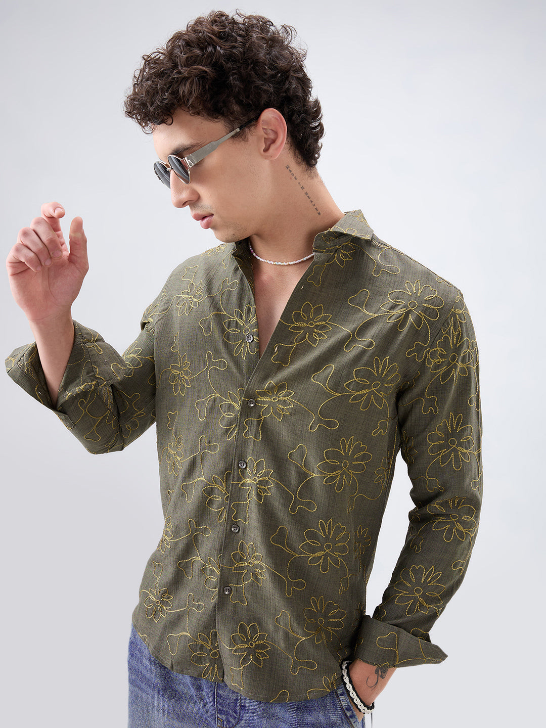 Olive Slub Textured Floral Contrast Embroidered Shirt
