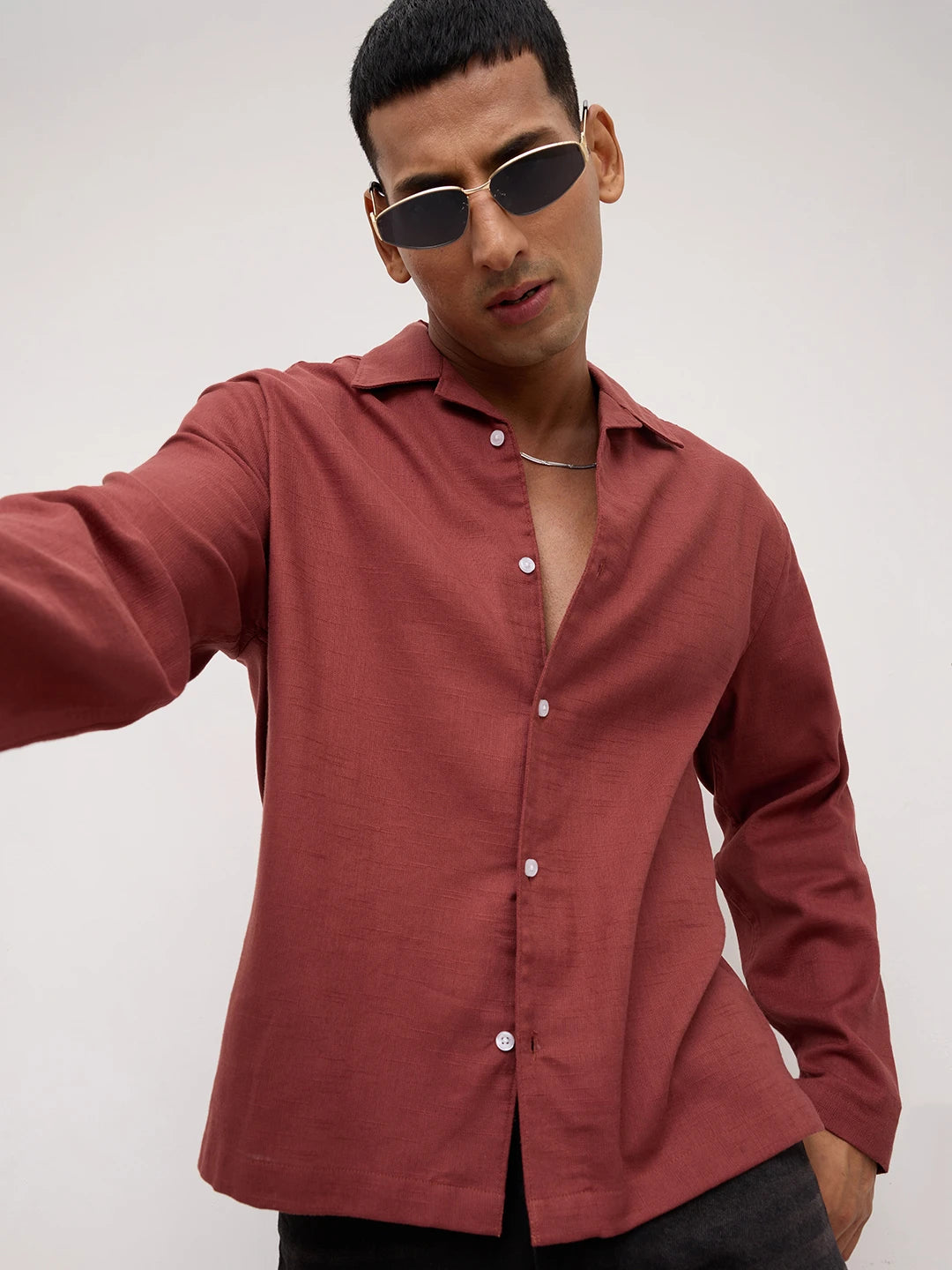 Rust Fine Sheer Slub Textured Oversized Resort Collar Shirt