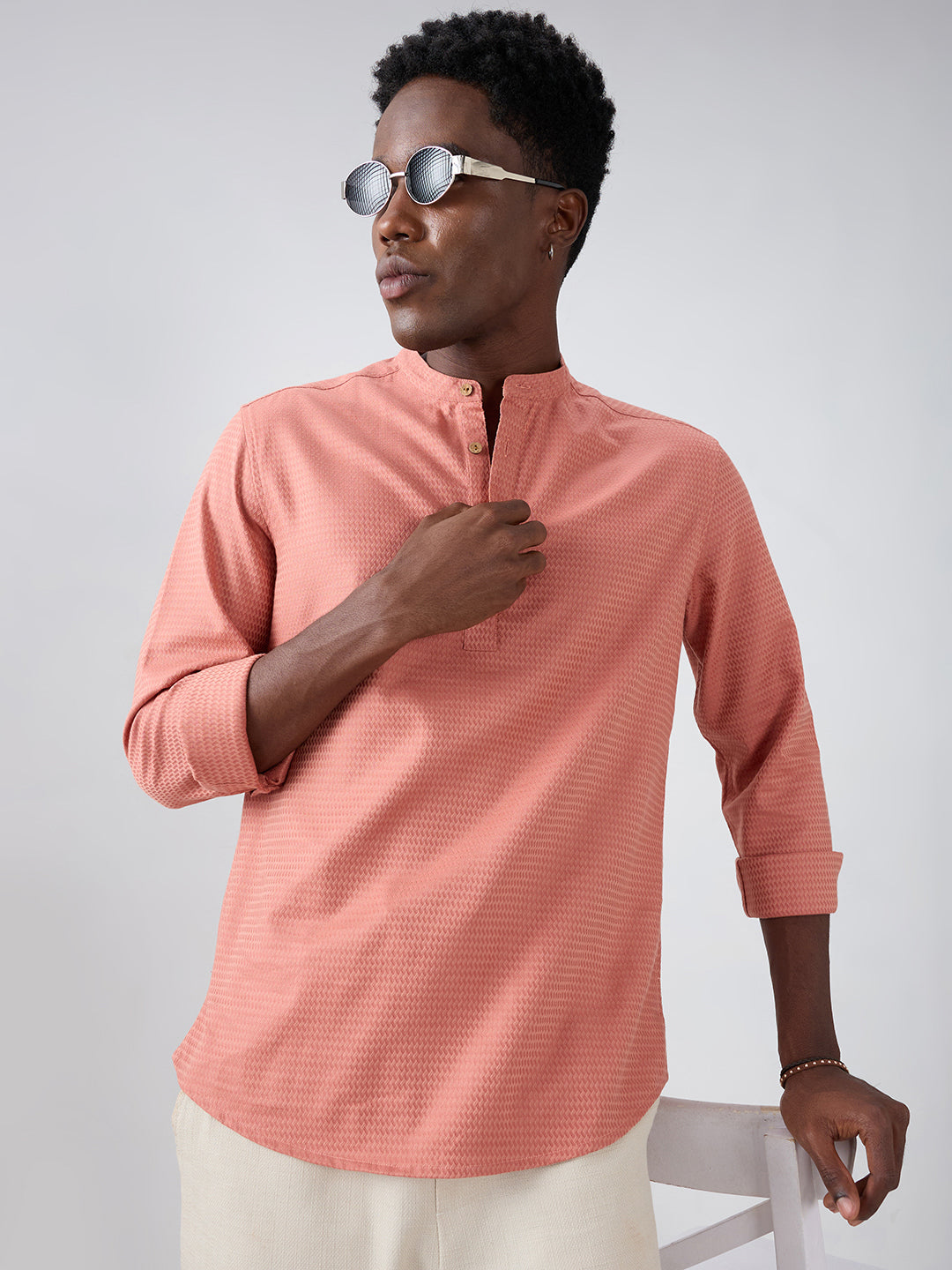 Creamy Peach Wavy Textured Kurta