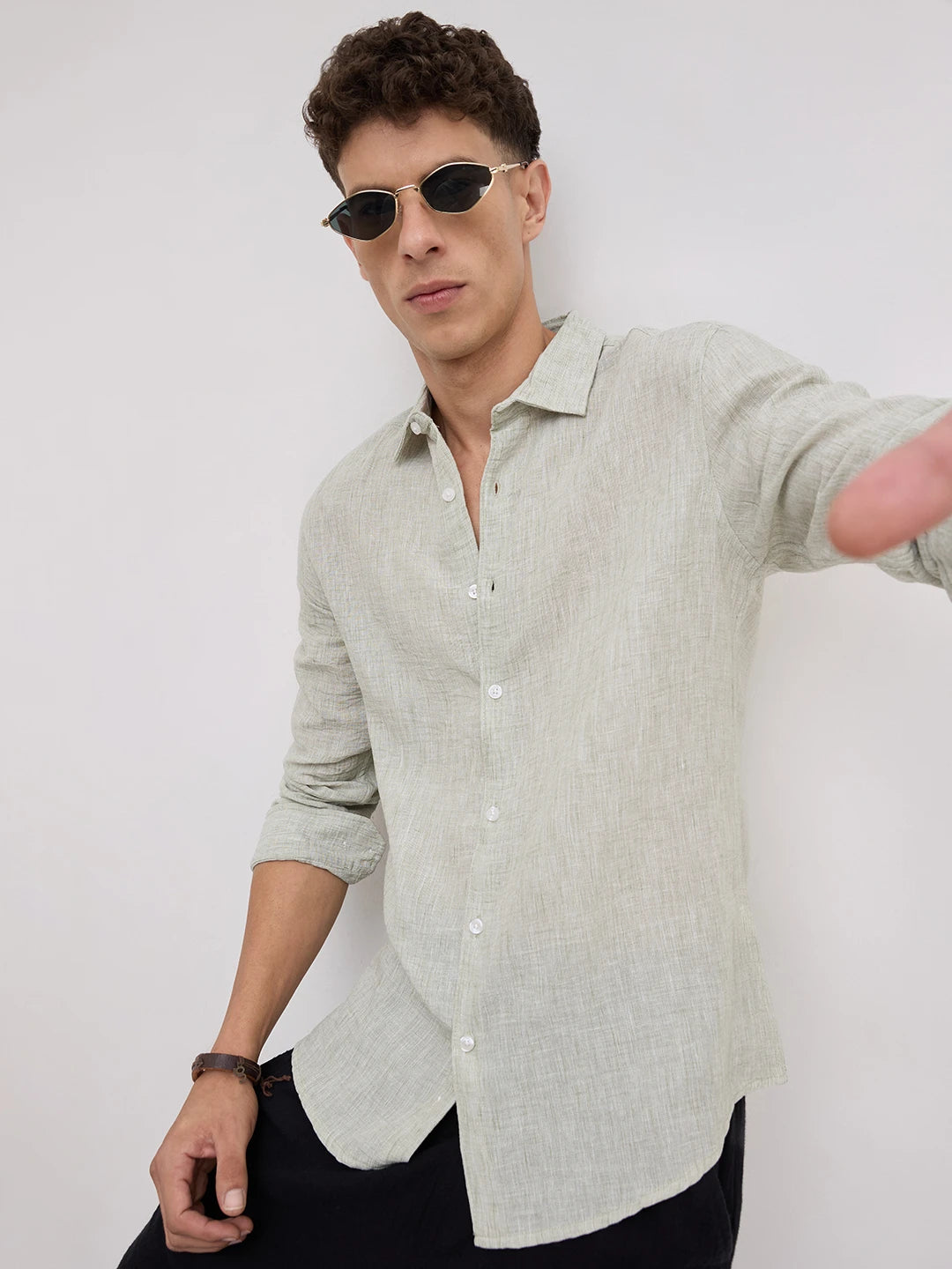 Moss Green Crinkled Textured Shirt