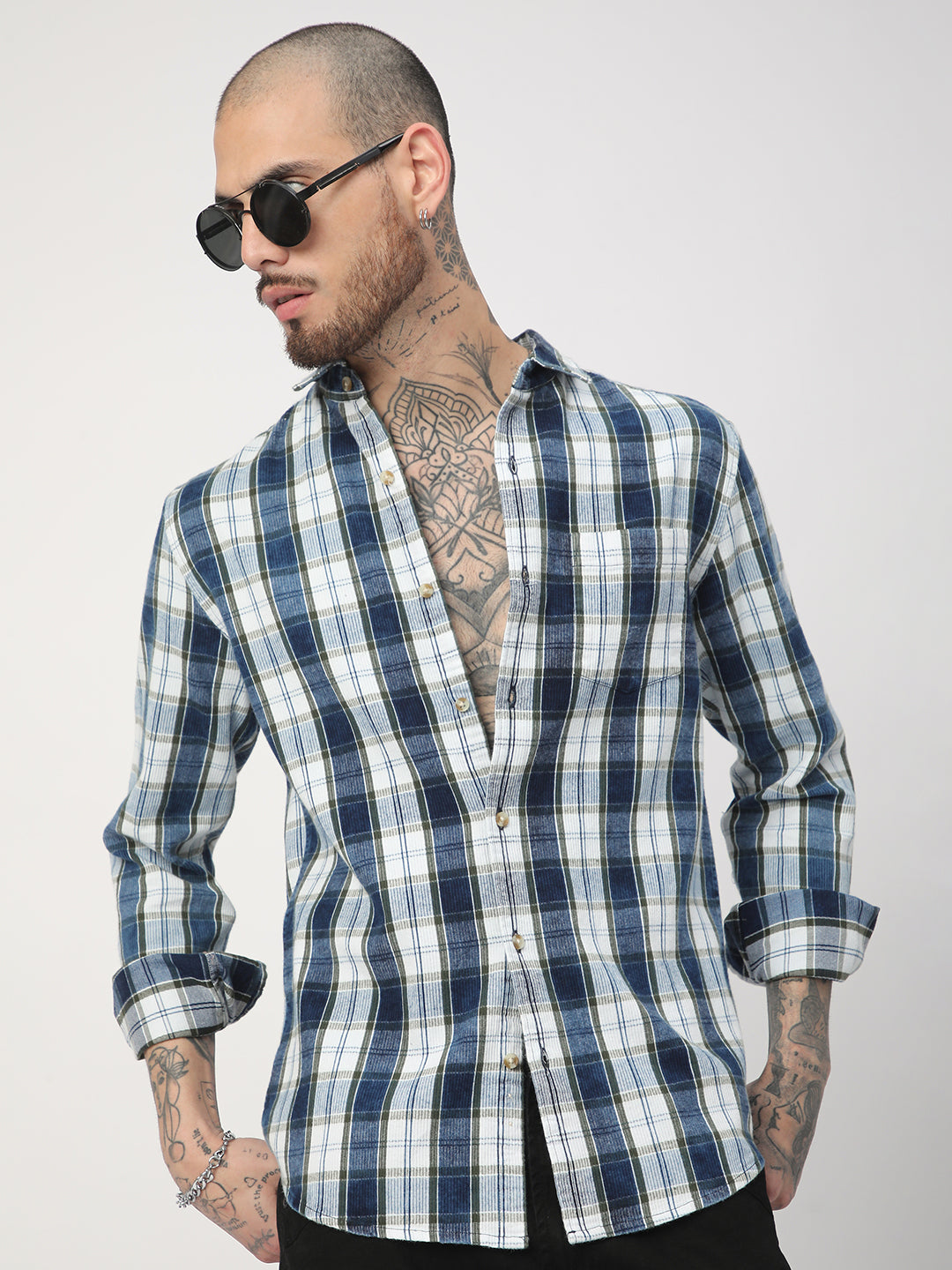 Denim Olive & Navy Plaid Checks Shirt