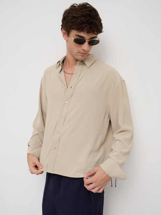 Sand Beige Velour Finish Boxy Fit Crop Shirt