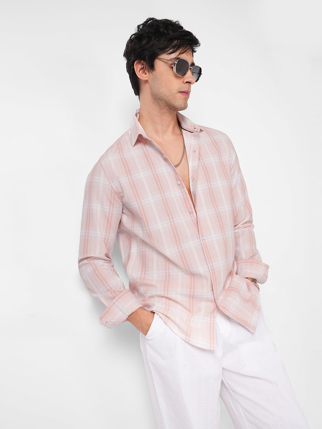 Elegant Soft Blush Peach Plaid Checks Shirt