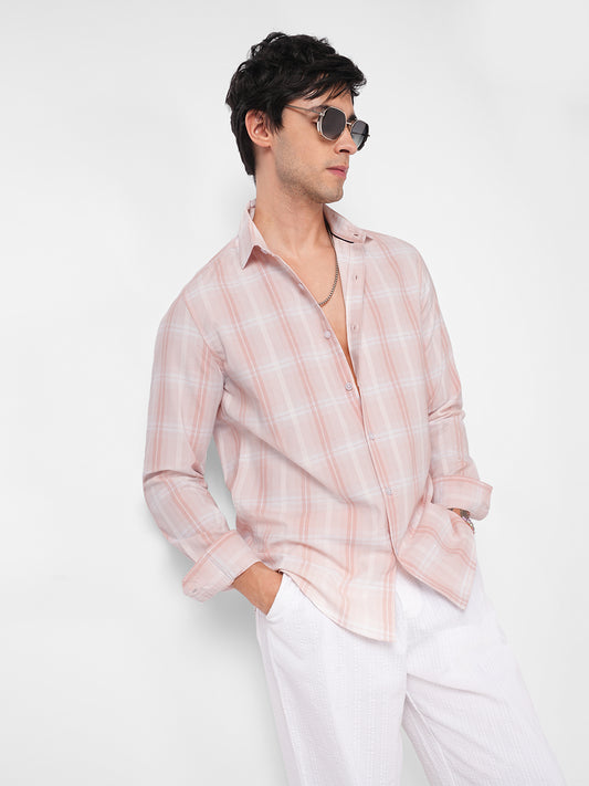 Elegant Soft Blush Peach Plaid Checks Shirt