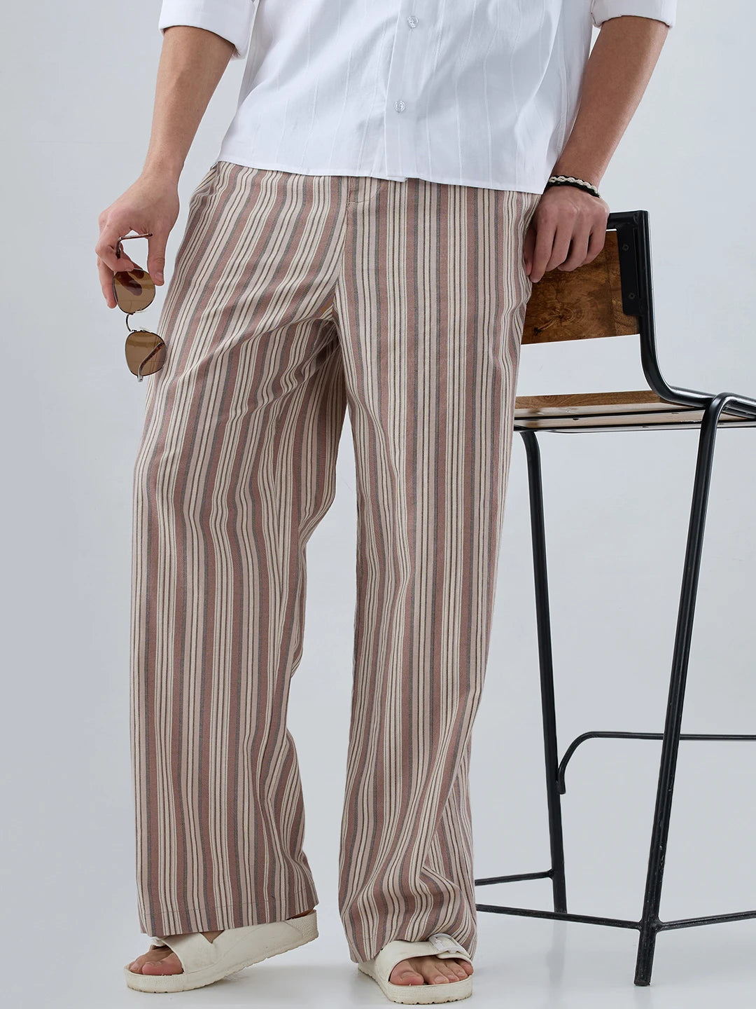 Brown Contrast Striped Wide Leg Trousers