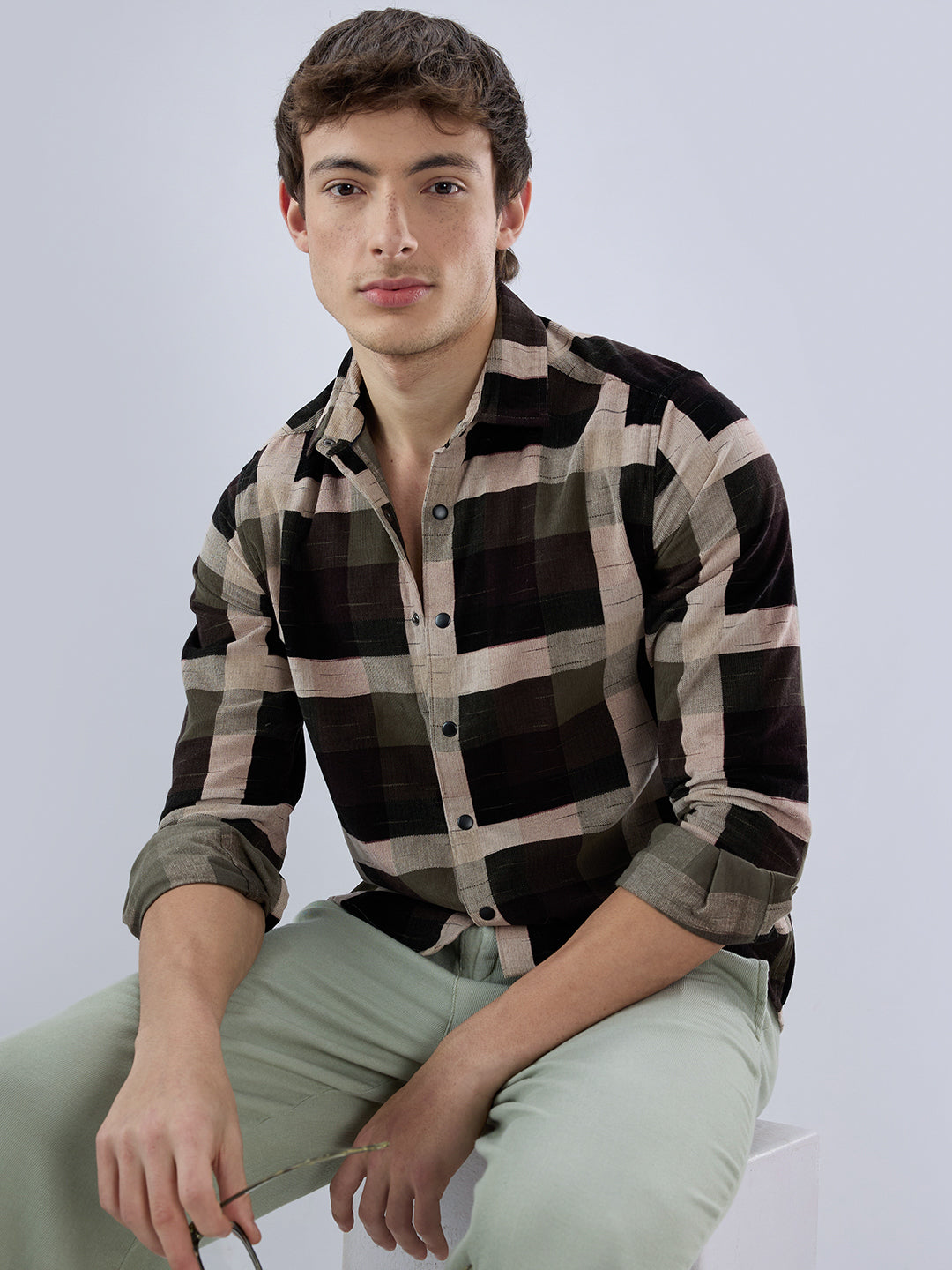 Deep Olive & Brown Crossweave Corduroy Shirt