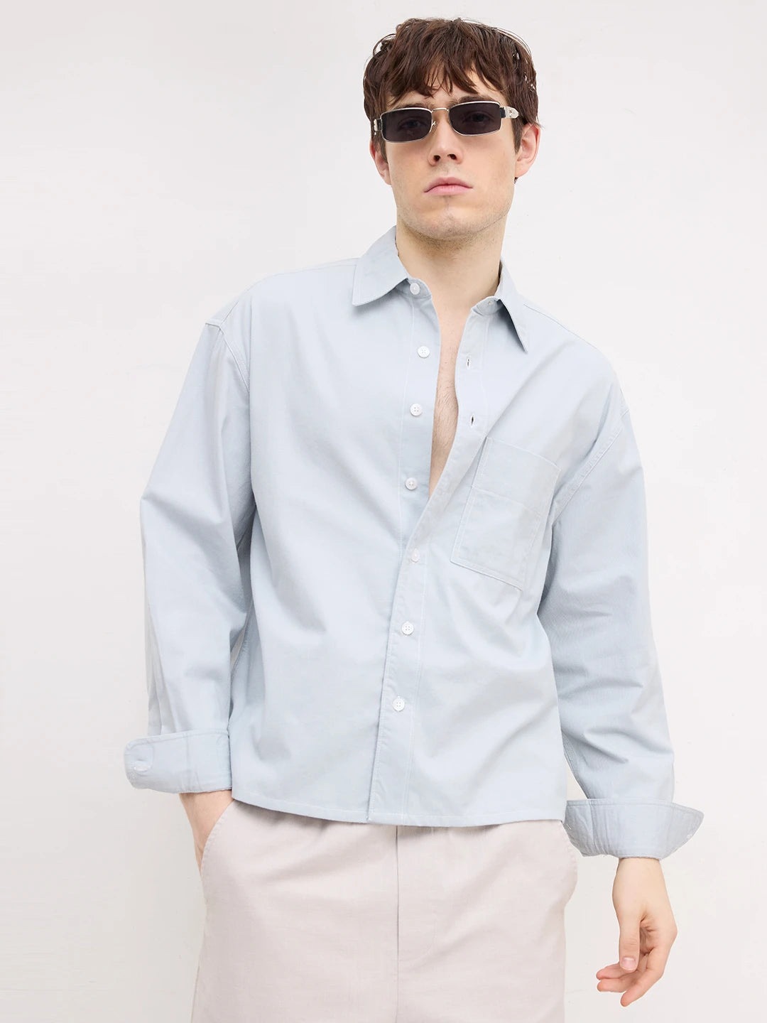 Luxe Baby Blue Boxy Fit Crop Cord Shirt