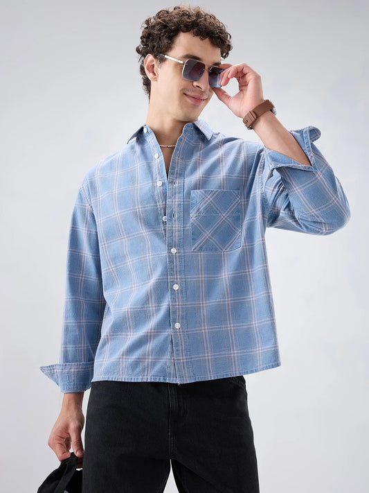 Denim Blue Multi Line Plaid Checks Boxy Fit Shirt