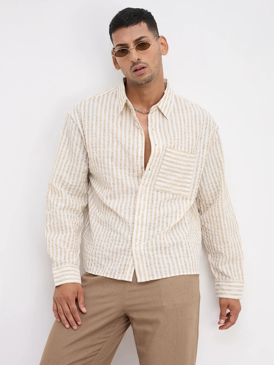 Beige & Ivory Seersucker Candy Striped Boxy Fit Crop Shirt