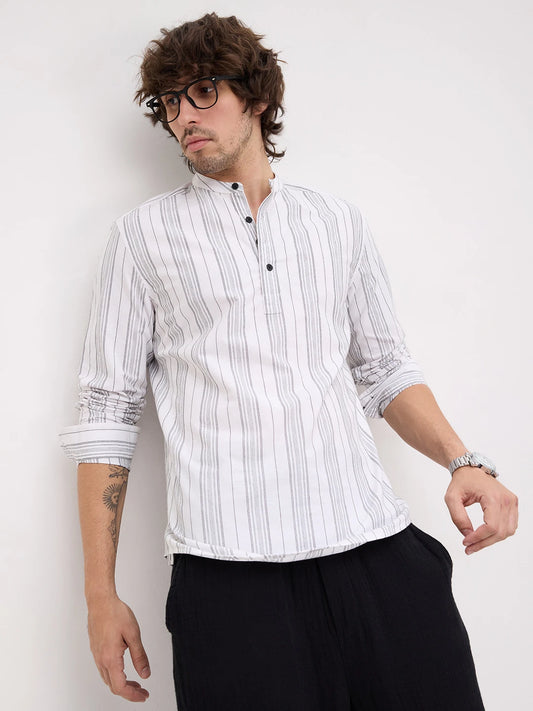 Monochrome Fine Threadwork Striped Kurta