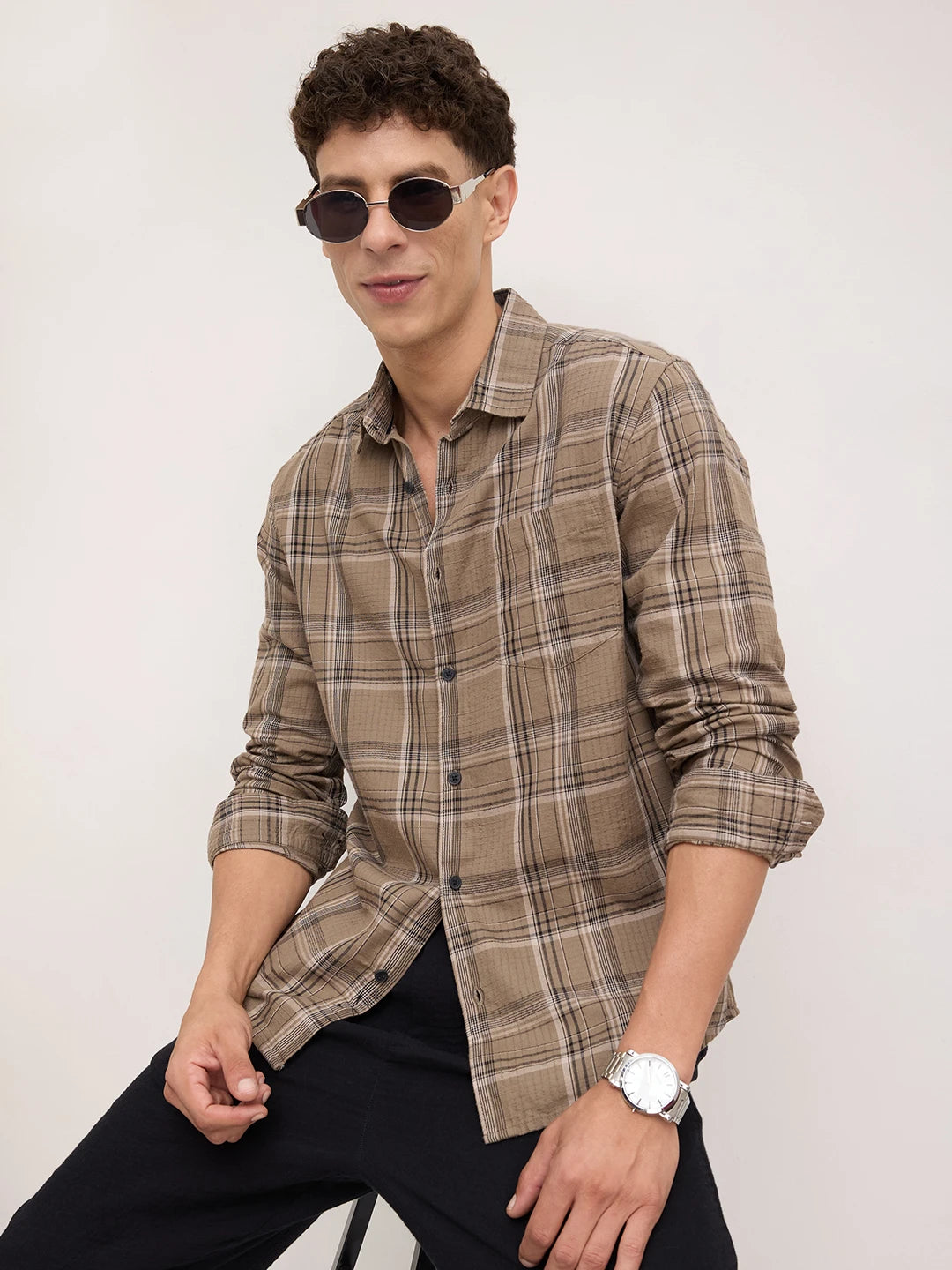 Spiffy Olive & Black Tartan Checks Shirt